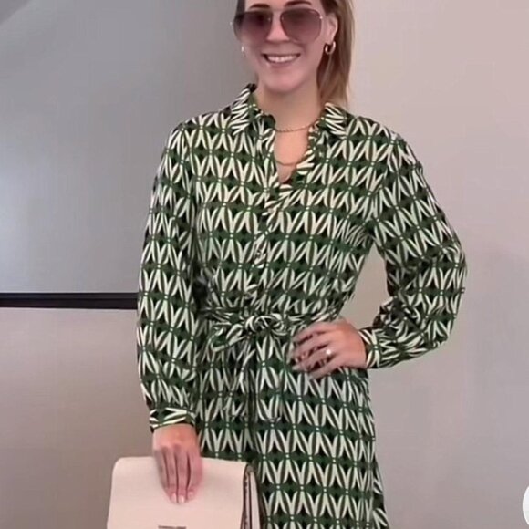 Zara Geometric Print Belted Midi Dress Green/Black/White Size M — 100% Viscose - Picture 2 of 9
